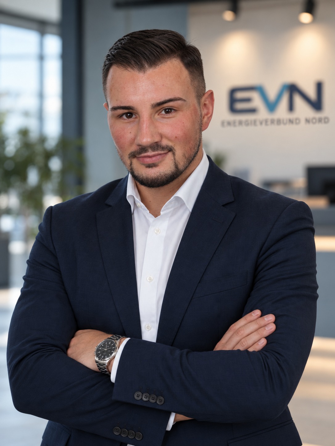 Alex Schneider, Gründer und Inhaber von Energieverbund Nord, vor dem EVN-Logo