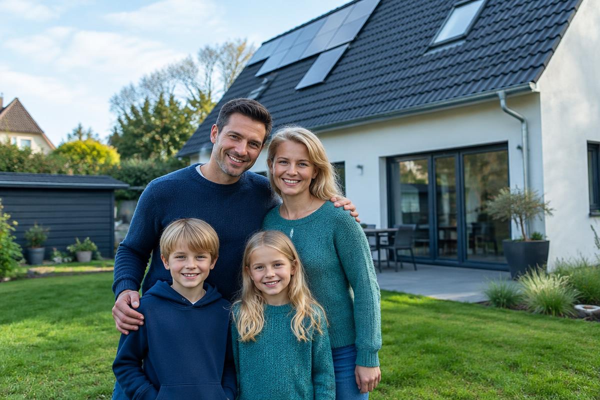 Familie vor ihrem Eigenheim